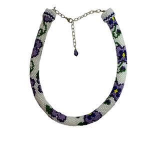 Beaded Pansies Necklace Purple Flowers Crochet Beaded Chunky